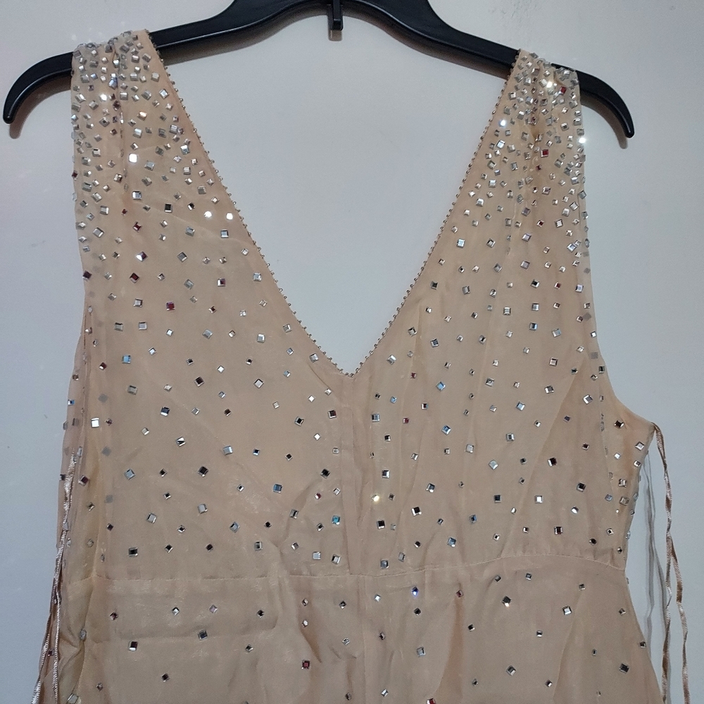 Zara ZW Collection Sparkly Rhinestones Cream Sleeveless Mini Dress Sz-L - Picture 8 of 9